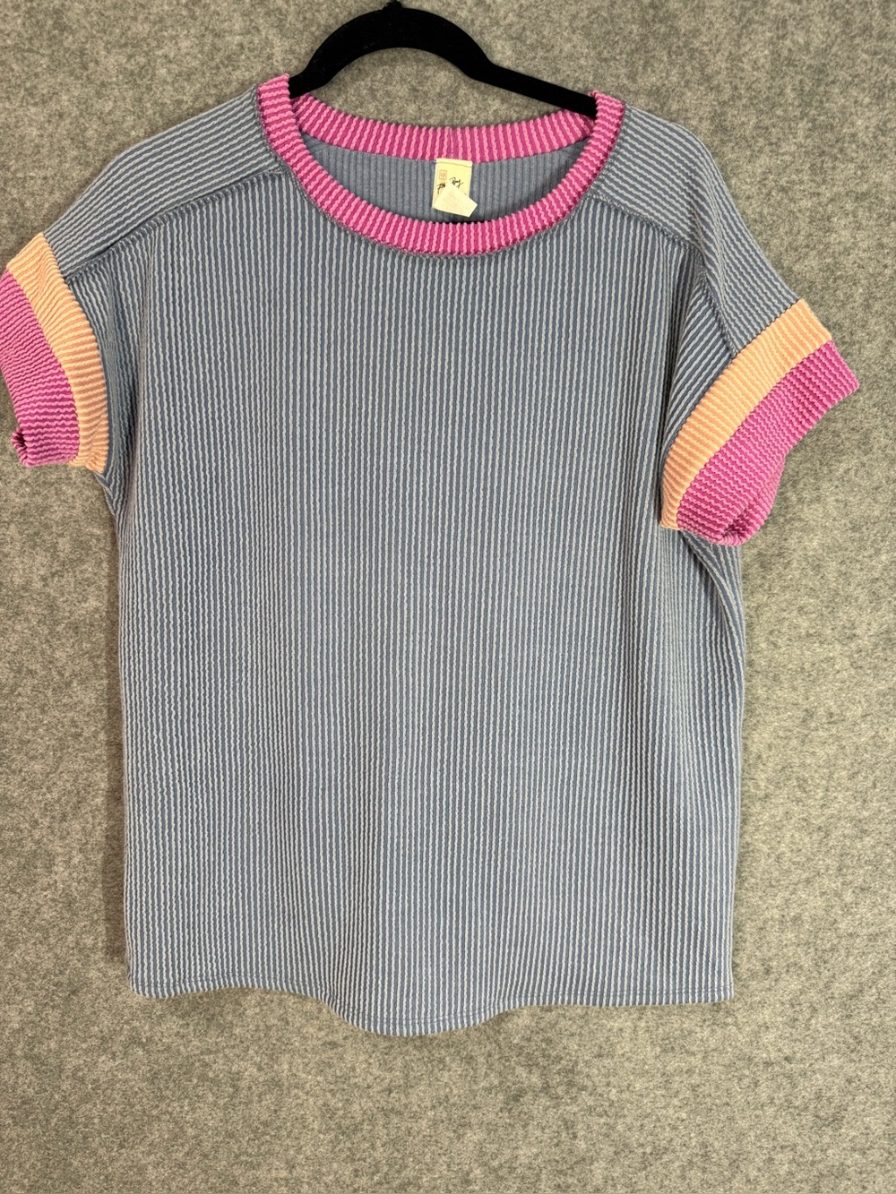 7th Ray Ribbed Colorblock Knit Top Blue Pink Orange Short Sleeve Size Small